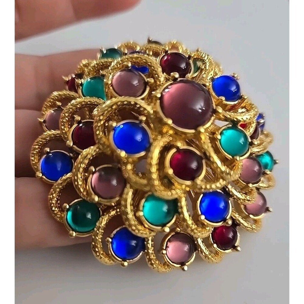 Vtg Monet Gripoix Multicolor Cabochon Rhinestone Pin Brooch